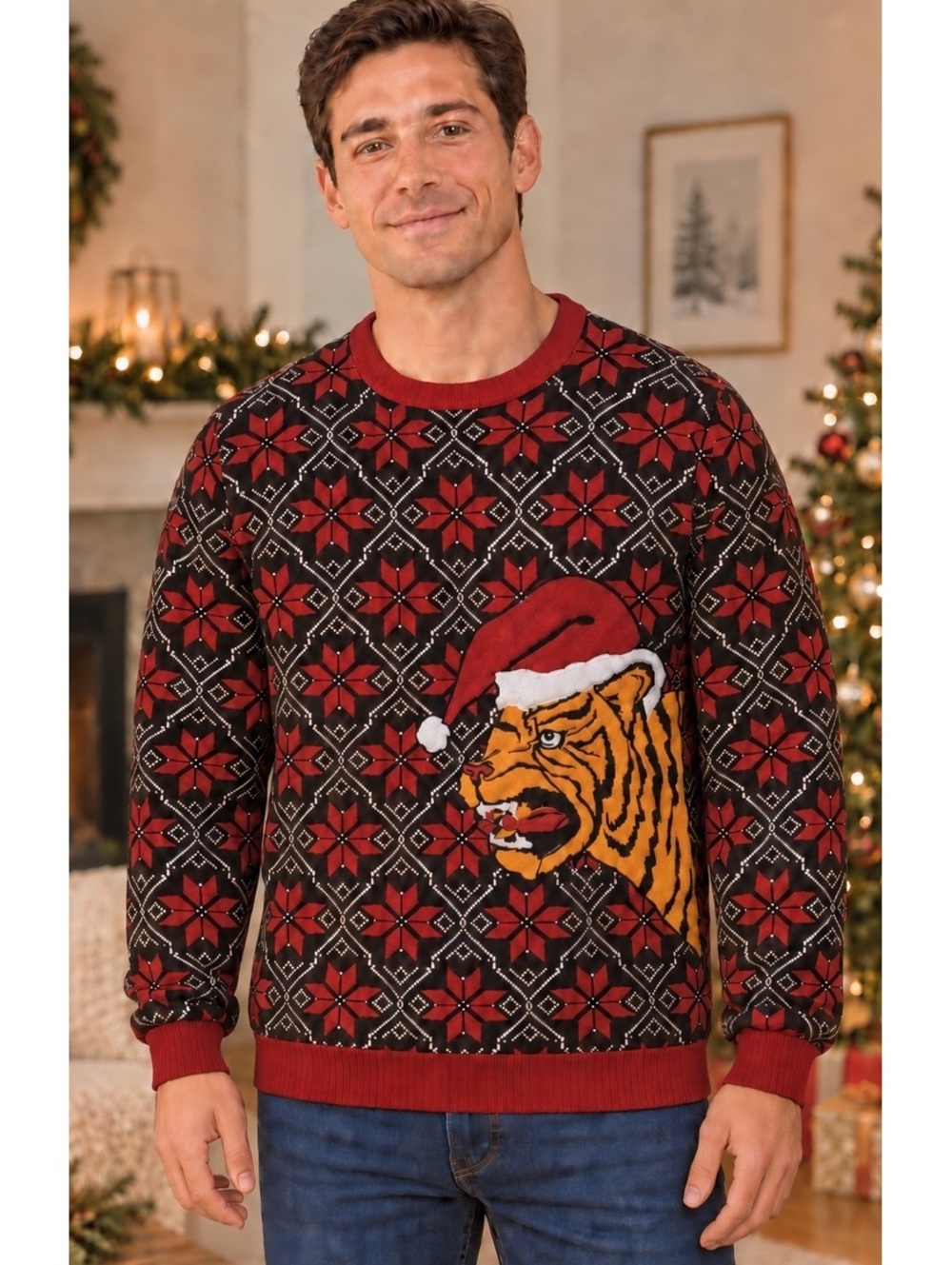Vintage Blizzard Bay Men’s Large Christmas Tiger Sweater Snow Oversized Cozycore